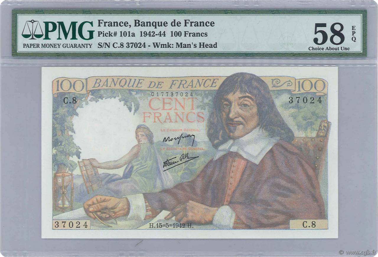 100 Francs DESCARTES FRANCE  1942 F.27.01 AU