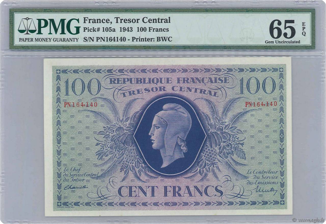 100 Francs MARIANNE FRANCE  1943 VF.06.01g UNC