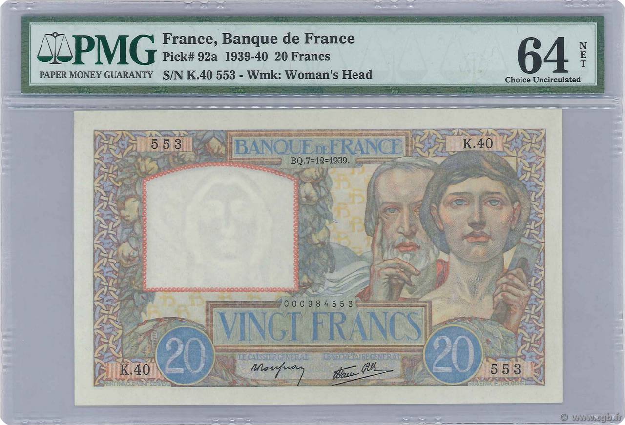 20 Francs TRAVAIL ET SCIENCE FRANCE  1939 F.12.01 XF+