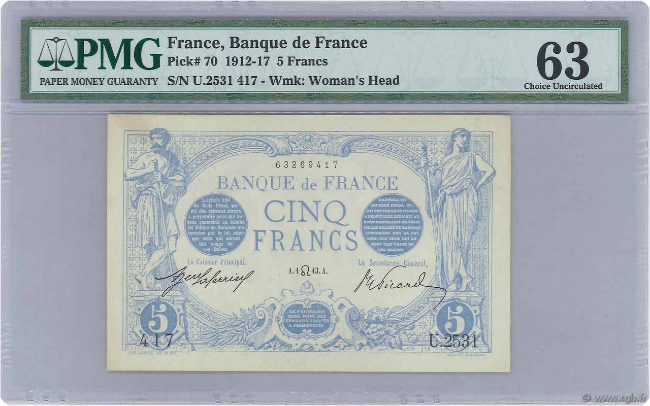 5 Francs BLEU FRANKREICH  1913 F.02.19 VZ+