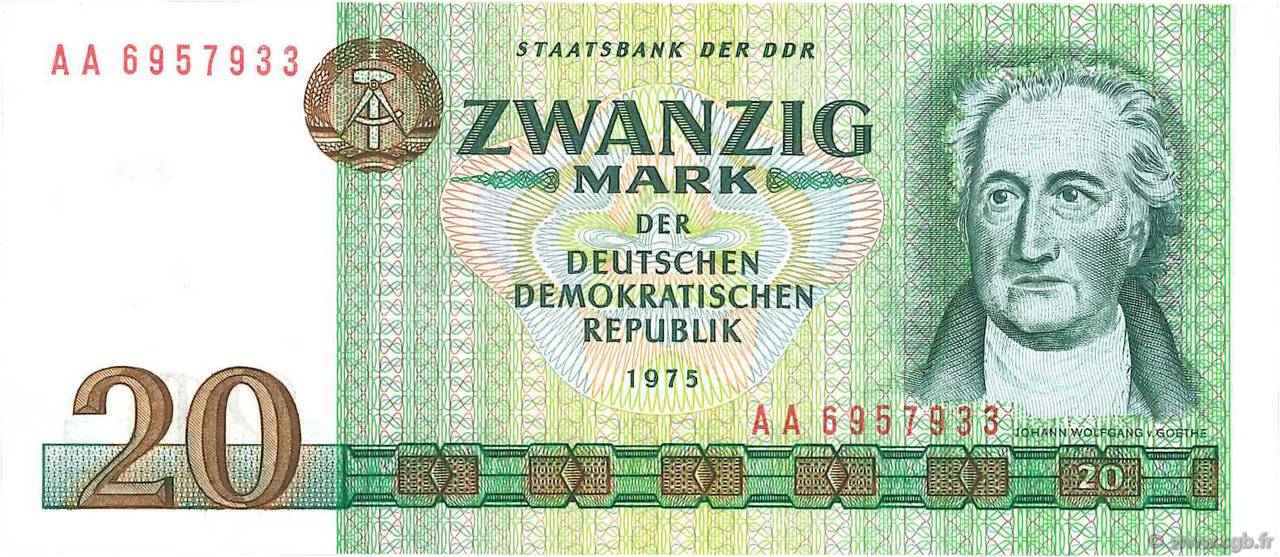 20 Mark GERMAN DEMOCRATIC REPUBLIC  1975 P.29b UNC