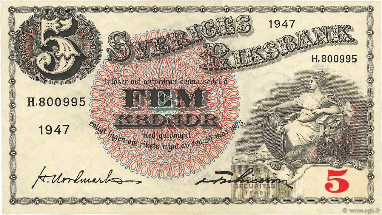 5 Kronor SWEDEN  1947 P.33ad VF+