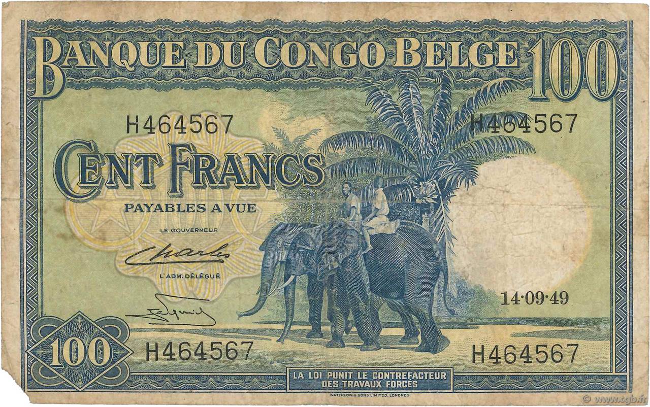 100 Francs CONGO BELGA  1949 P.17d q.MB