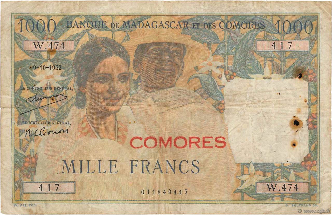 1000 Francs COMORES  1960 P.05a pr.TB