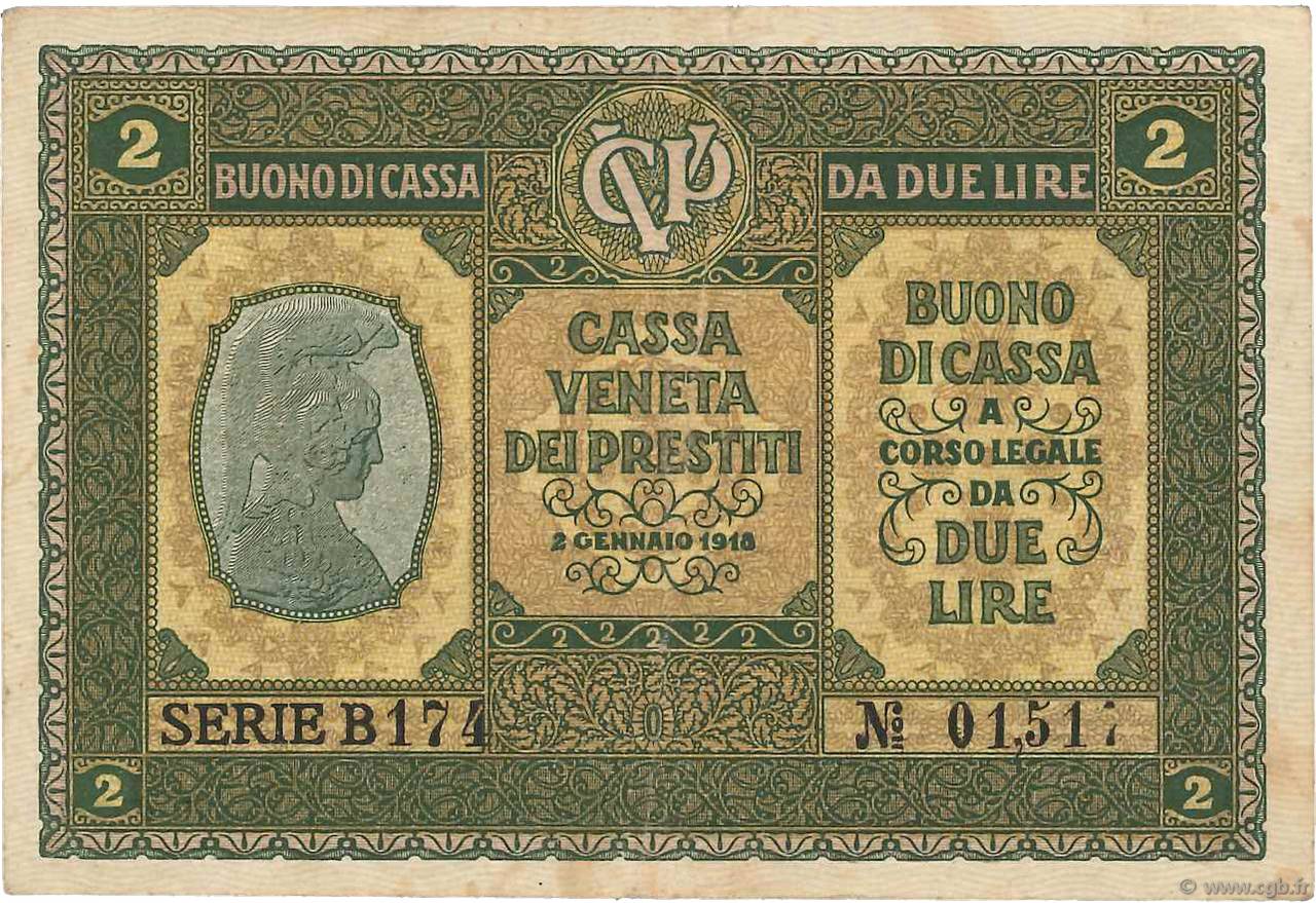 2 Lire ITALY  1918 PM.05 VF