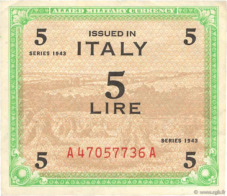 5 Lire ITALY  1943 PM.12a VF