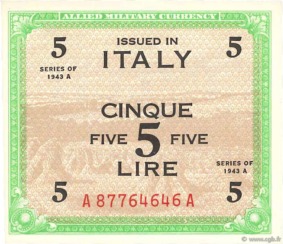 5 Lire ITALIA  1943 PM.18a SC+