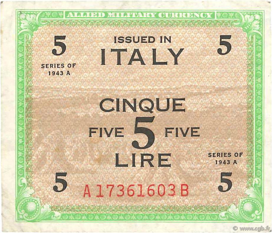 5 Lire ITALY  1943 PM.18b VF