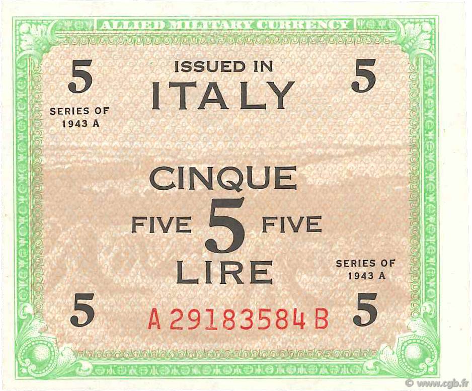 5 Lire ITALY  1943 PM.18b UNC-