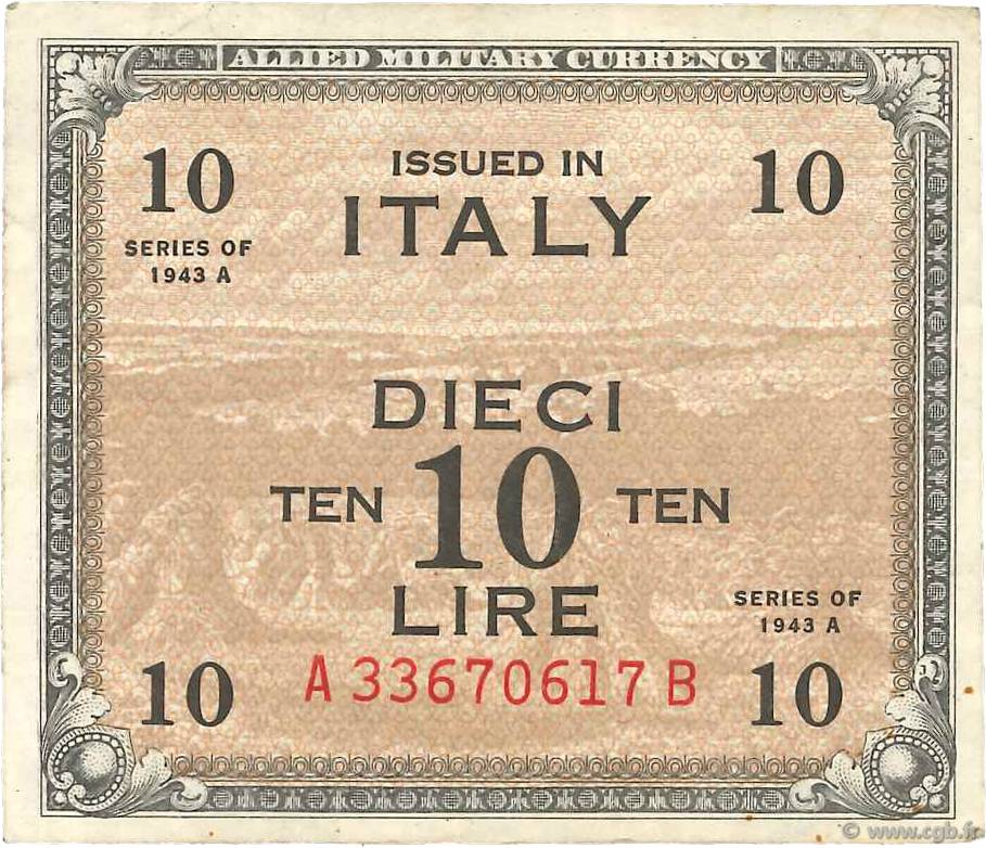 10 Lire ITALY  1943 PM.19b VF