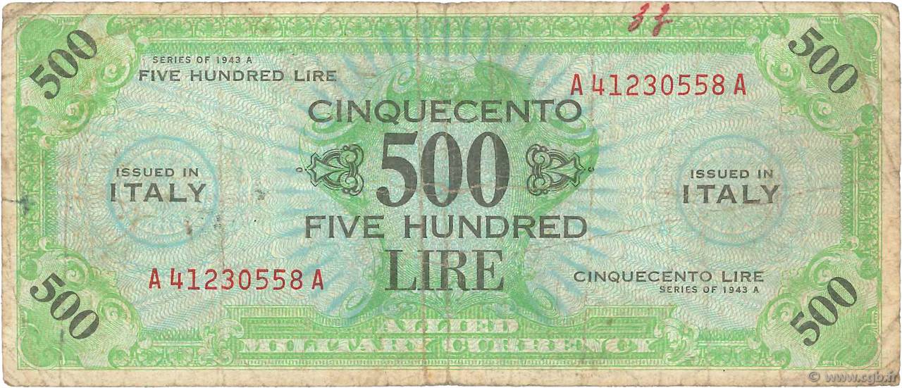 500 Lire ITALY  1943 PM.22a G