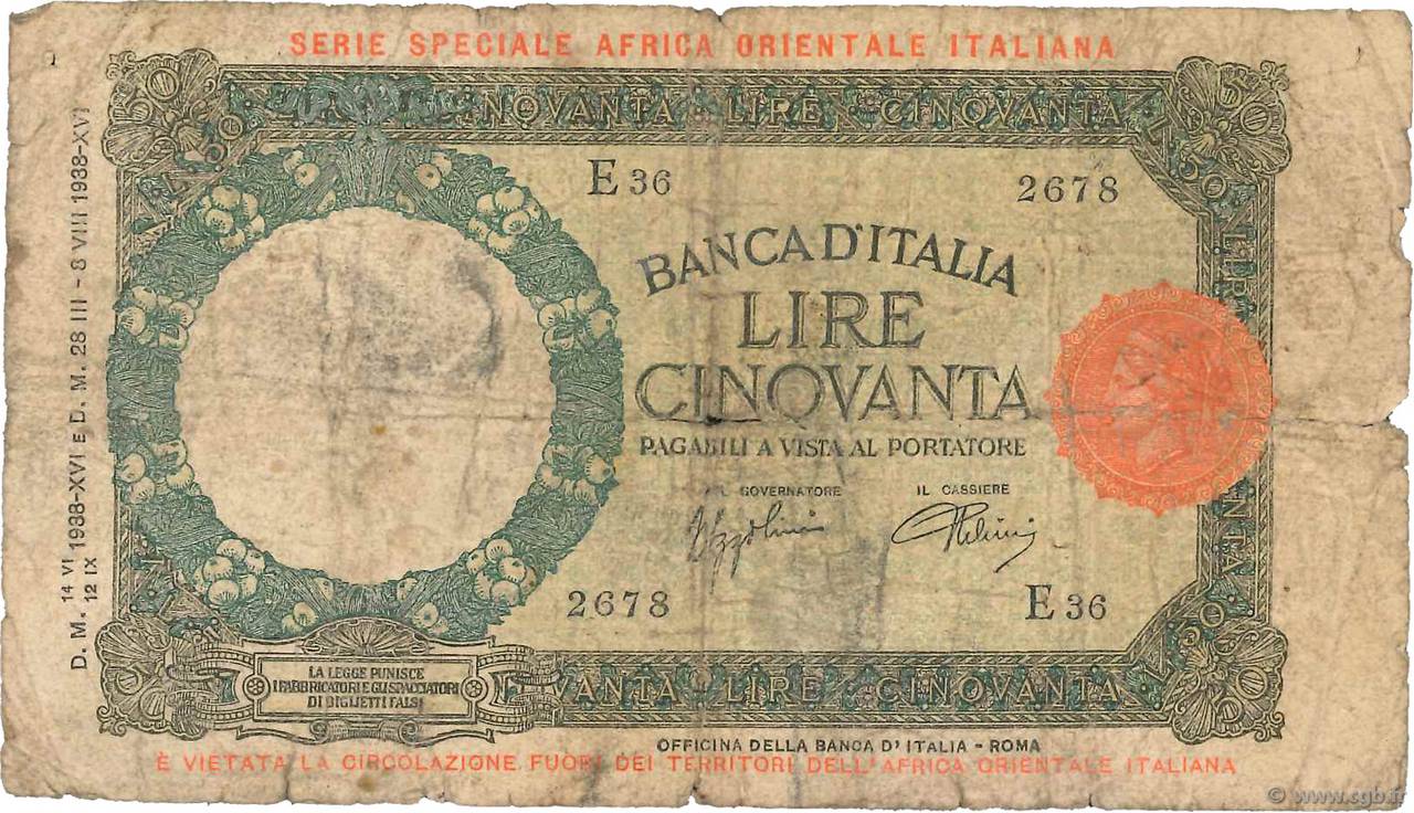 50 Lire ITALIENISCHE OSTEN AFRIKA  1938 P.01a fSGE