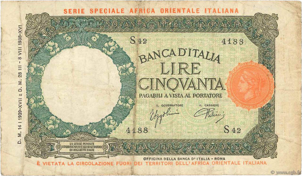 50 Lire ITALIAN EAST AFRICA  1939 P.01b F