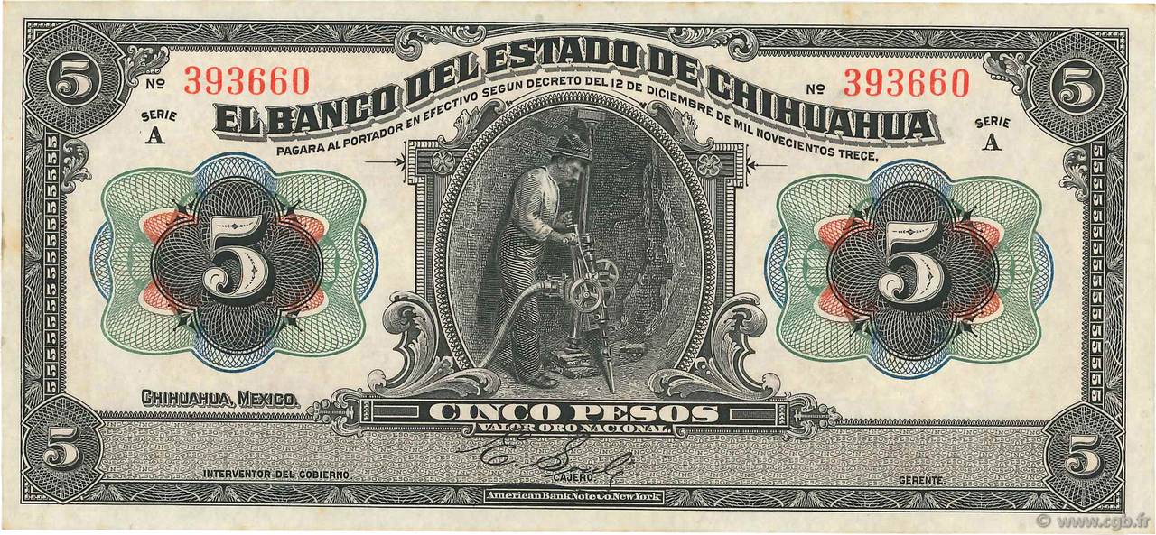 5 Pesos MEXICO  1913 PS.0132a XF