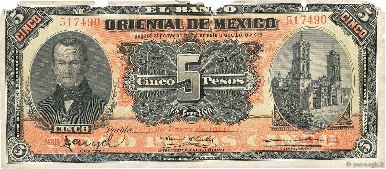 5 Pesos MEXICO Puebla 1914 PS.0381c VF-