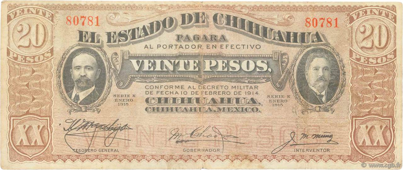 20 Pesos MEXICO  1915 PS.0537a S