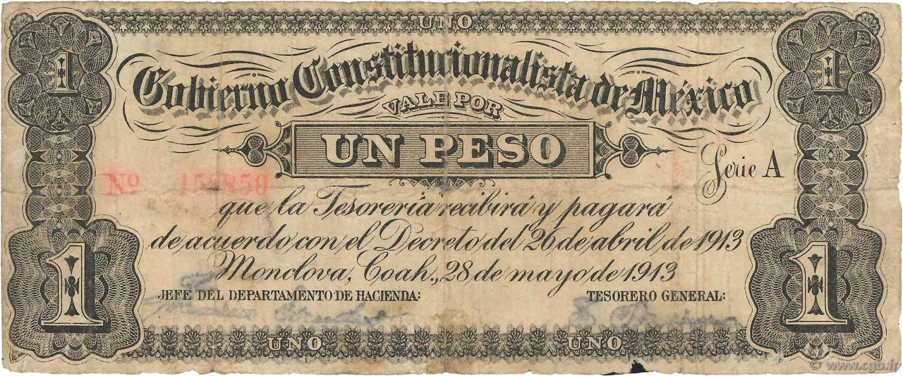 1 Peso MEXICO Monclova 1913 PS.0626 B