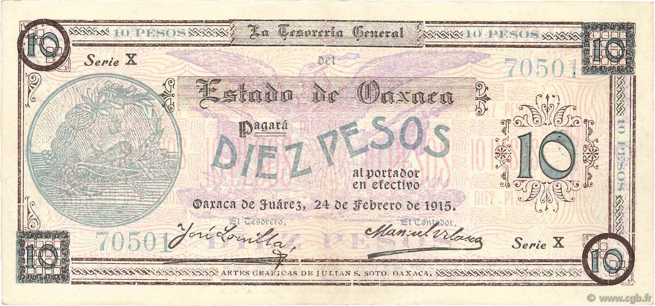 10 Pesos MEXICO  1915 PS.0957a fVZ