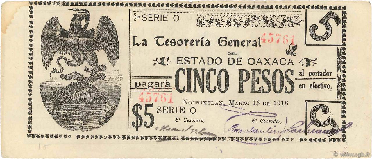5 Pesos MEXICO Nochixtlan 1916 PS.0949b BC+