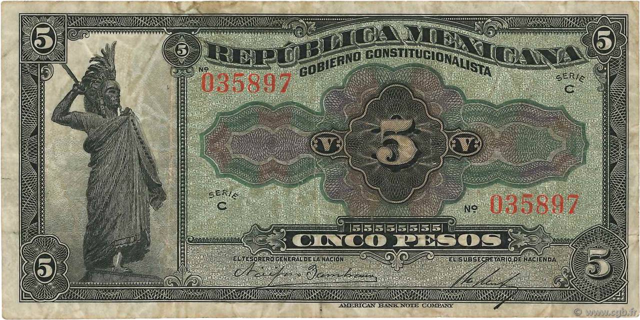 5 Pesos MEXICO  1915 PS.0685a F