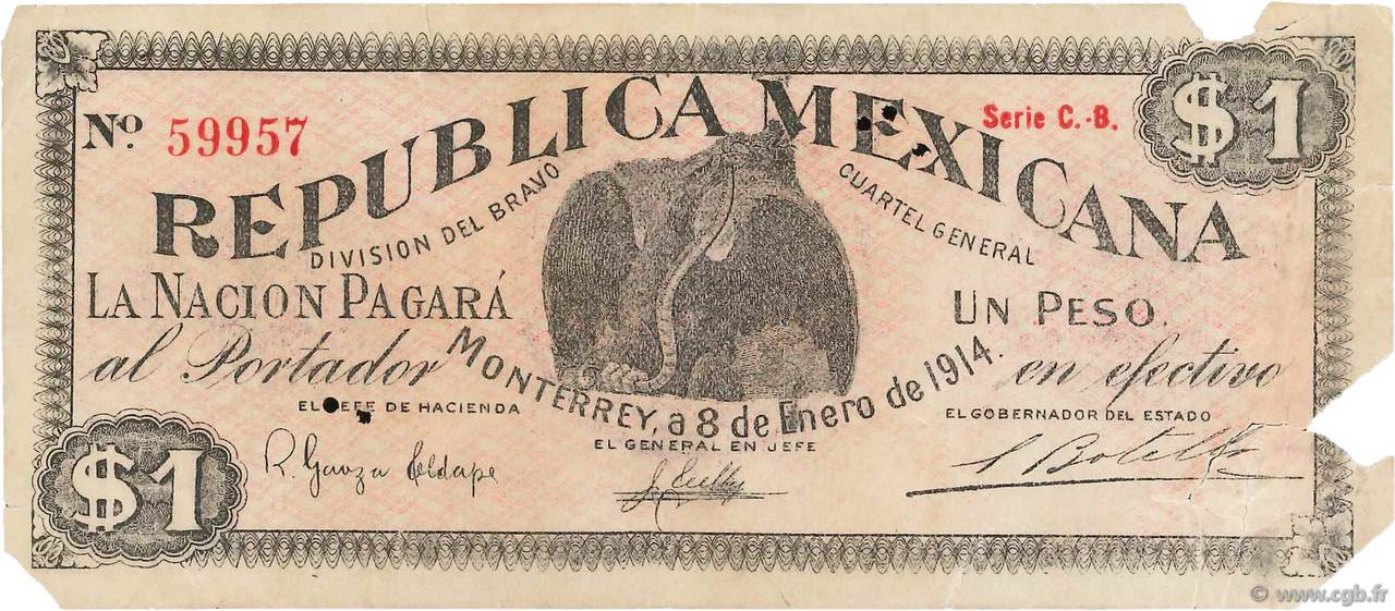 1 Peso MEXICO Monterrey 1914 PS.0937 F