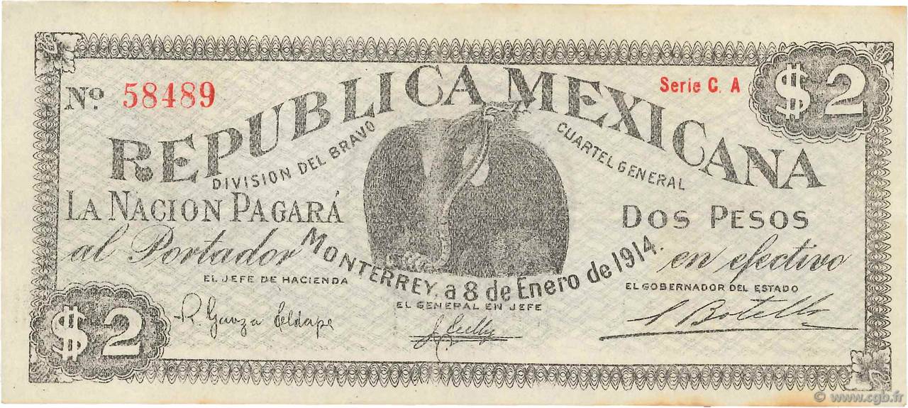 5 Pesos MEXICO Monterrey 1914 PS.0938 fVZ
