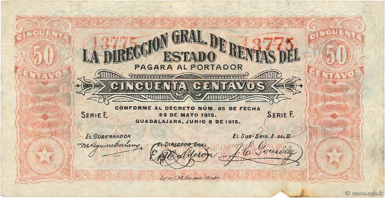 50 Centavos MEXICO Guadalajara 1915 PS.0859 VF-