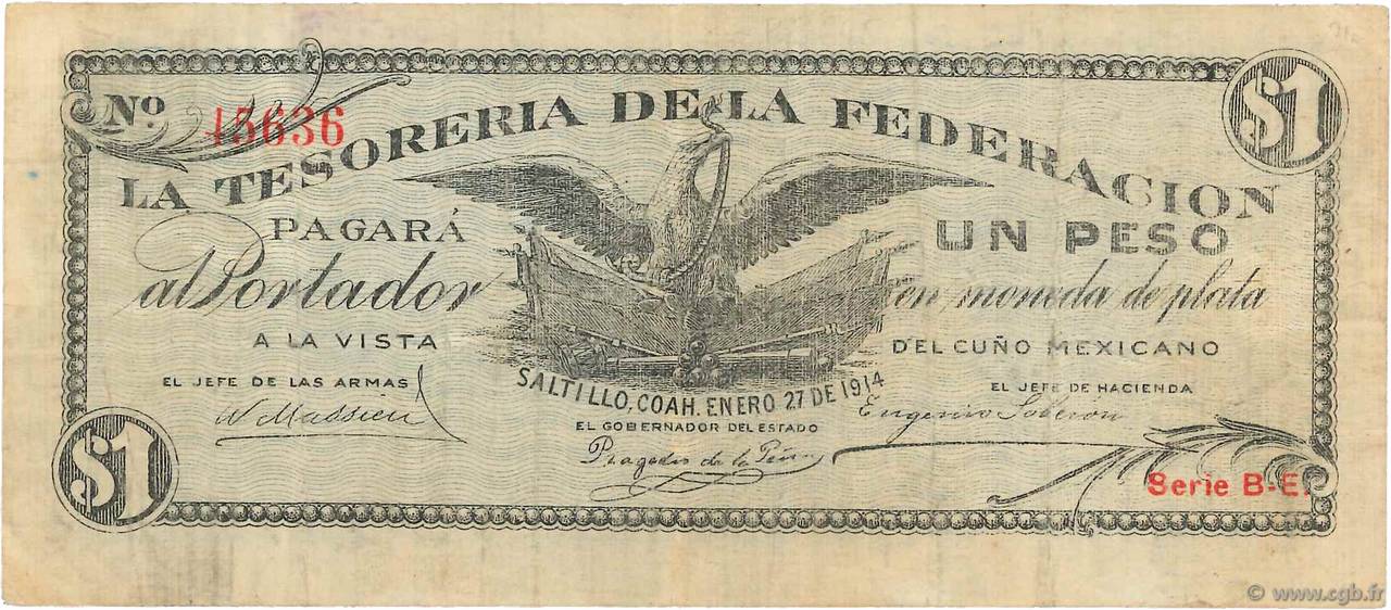 1 Peso MEXICO Saltillo 1914 PS.0645 MB