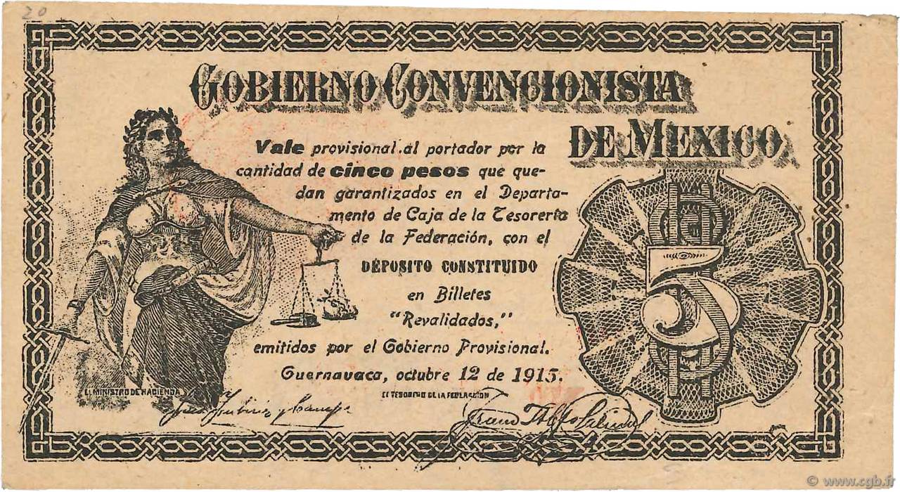 5 Pesos MEXICO Cuernavaca 1915 PS.0909a VF