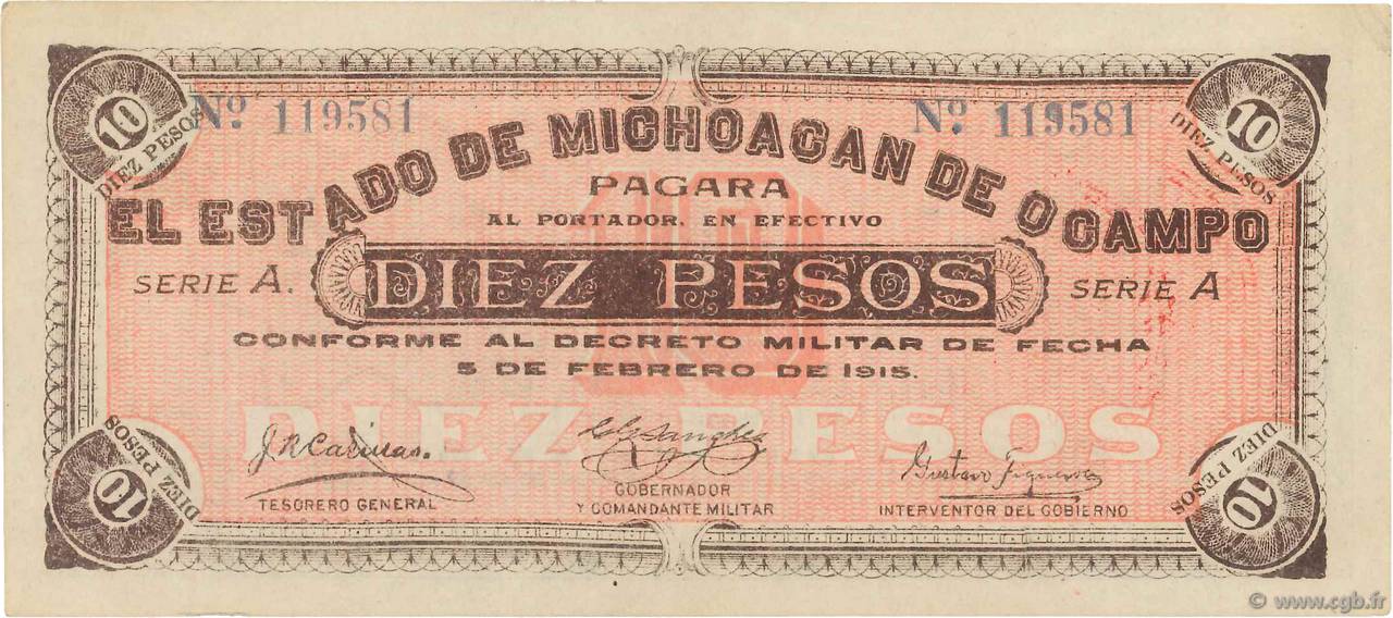 10 Pesos MEXICO Morelia 1915 PS.0883a VZ