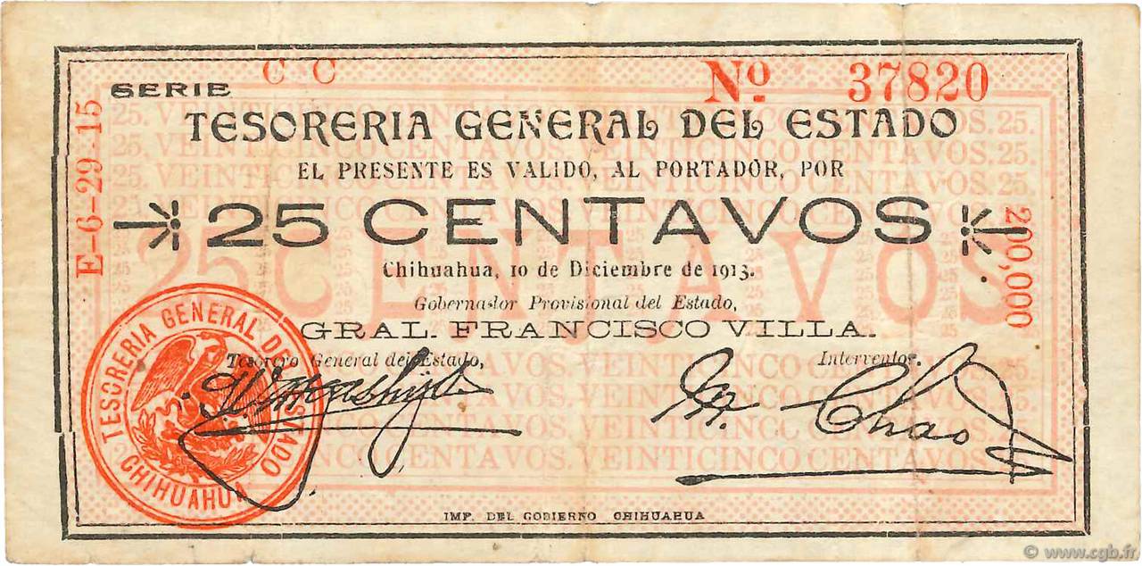 25 Centavos MEXICO  1913 PS.0551j VF