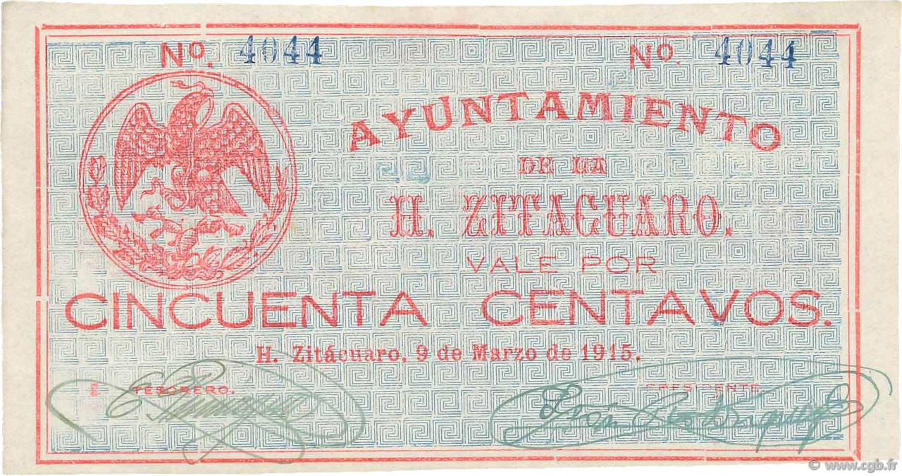 50 Centavos MEXICO Zitacuaro 1915 PS.--- SC+