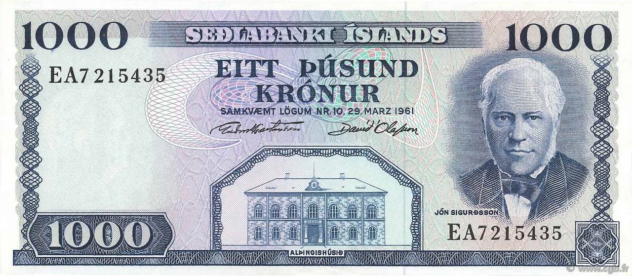 1000 Kronur ICELAND  1961 P.46a XF