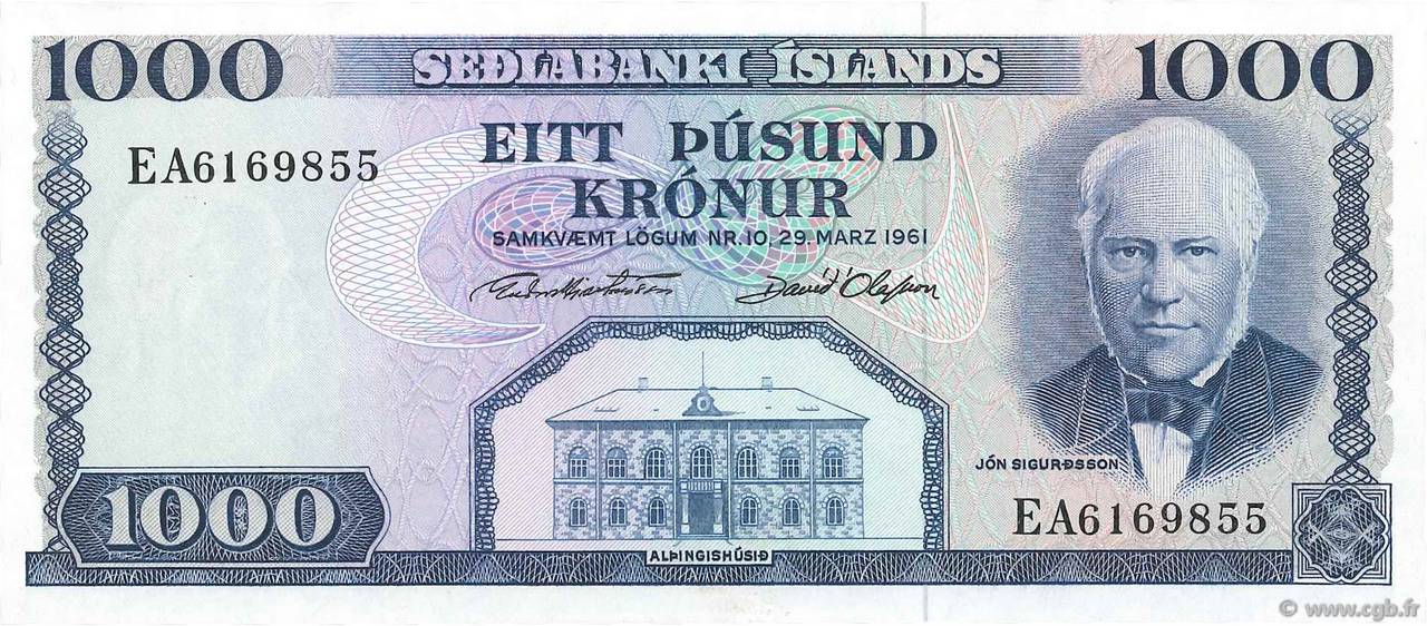 1000 Kronur ISLANDA  1961 P.46a q.FDC