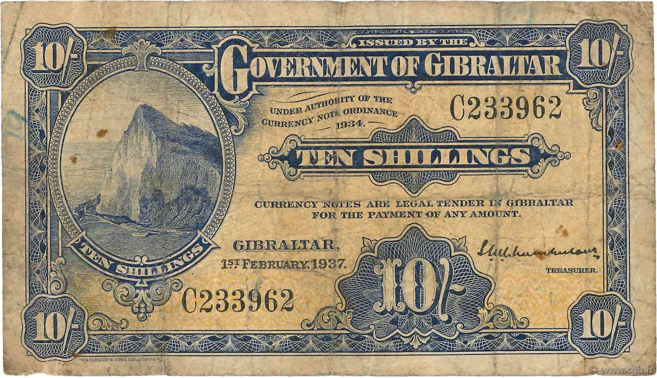 10 Shillings GIBRALTAR  1937 P.14a B