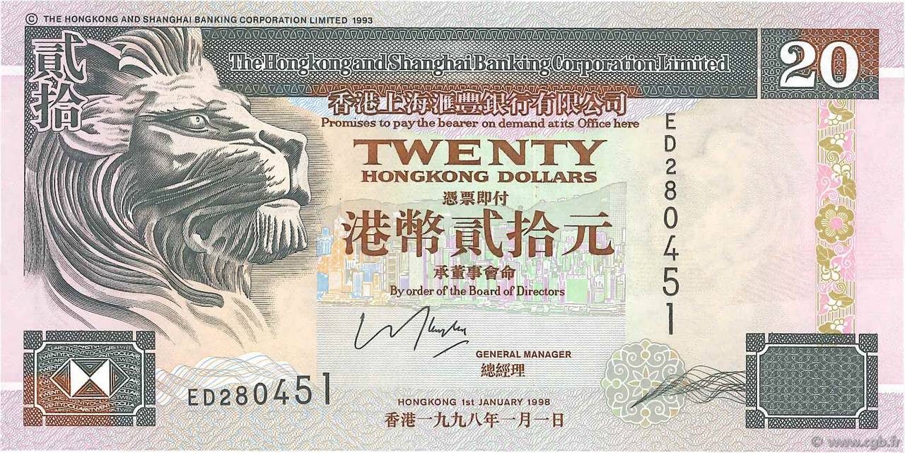 20 Dollars HONG KONG  1998 P.201d UNC