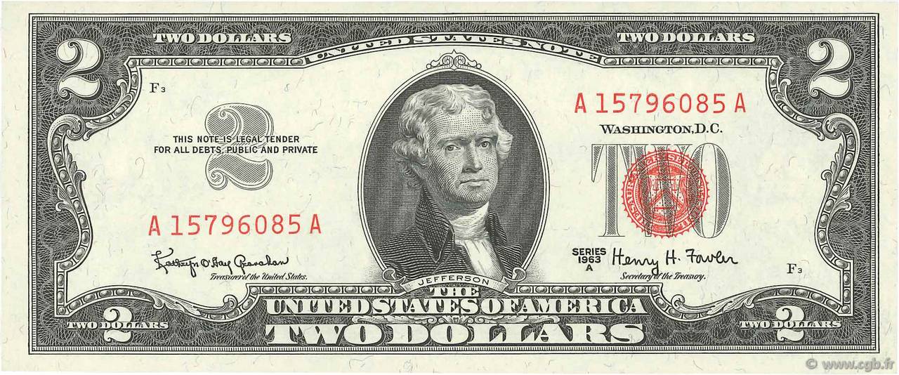 2 Dollars UNITED STATES OF AMERICA  1963 P.382b UNC
