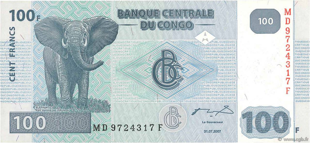 100 Francs REPUBBLICA DEMOCRATICA DEL CONGO  2007 P.098 AU