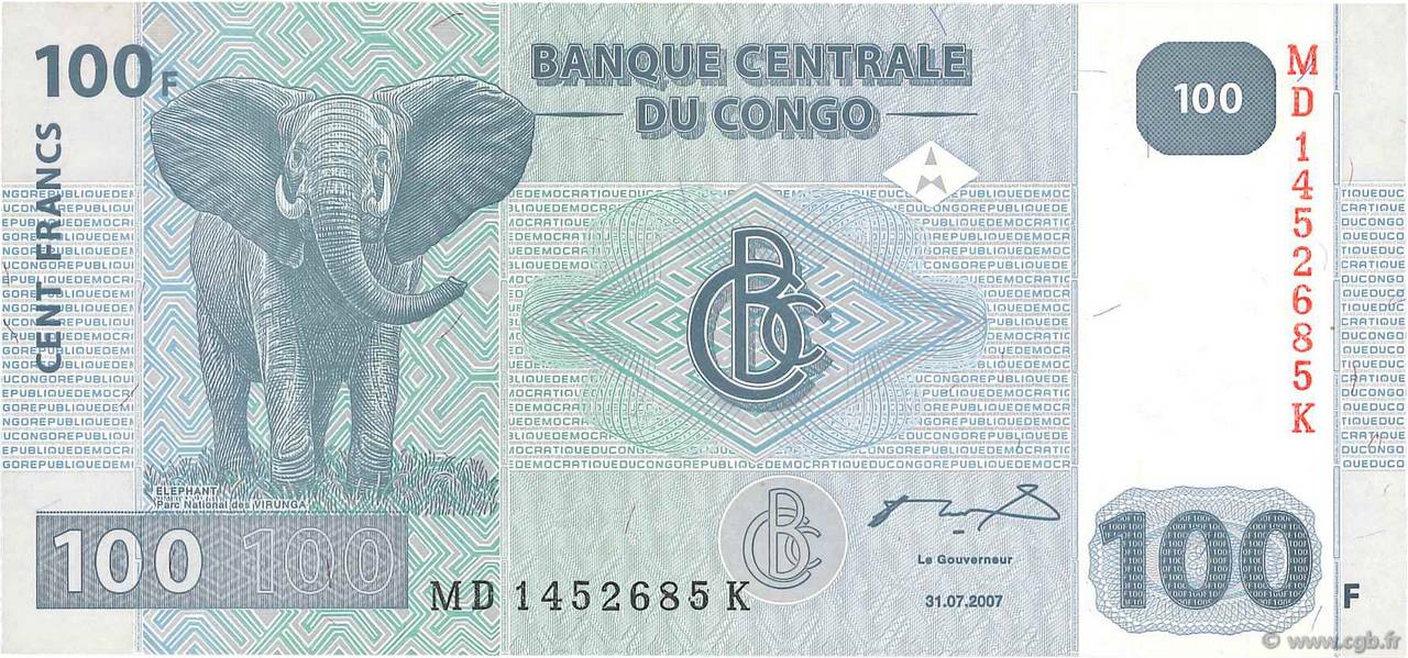 100 Francs REPúBLICA DEMOCRáTICA DEL CONGO  2007 P.098 SC+