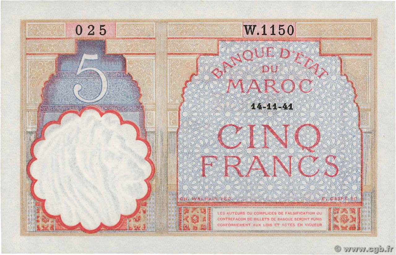 5 Francs MOROCCO  1922 P.23Ab AU+