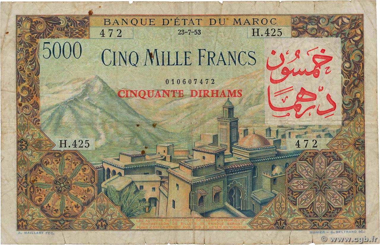 50 Dirhams sur 5000 Francs MARUECOS  1953 P.51 RC+