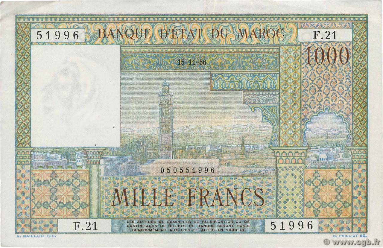 1000 Francs MAROC  1956 P.47 TTB
