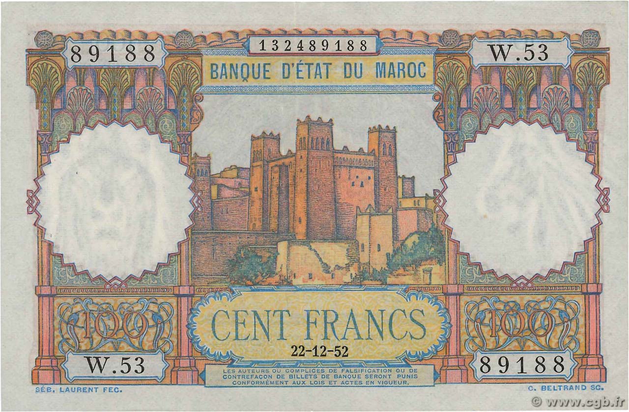 100 Francs MAROKKO  1952 P.45 VZ