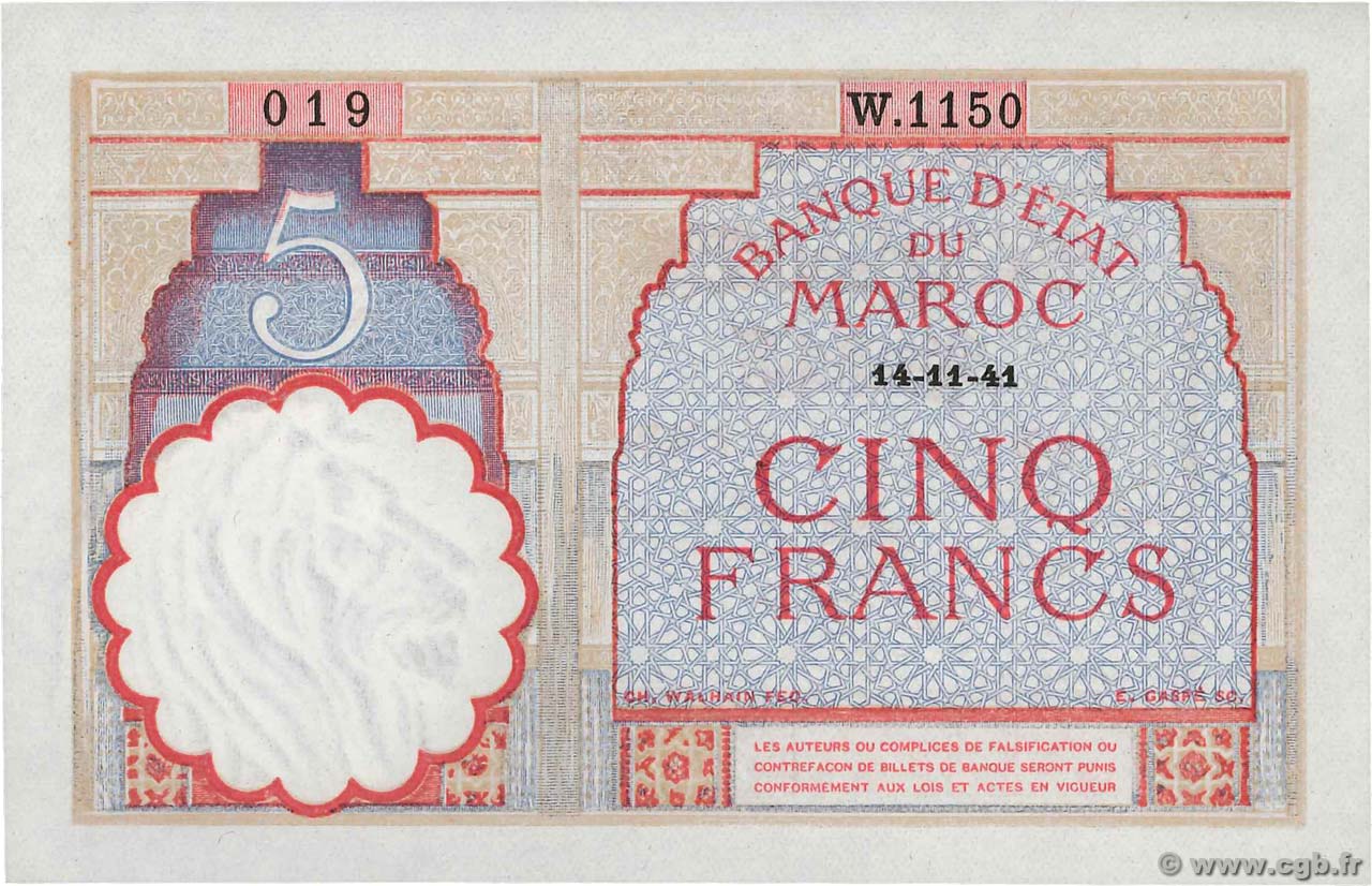 5 Francs MAROC  1941 P.23Ab SPL+