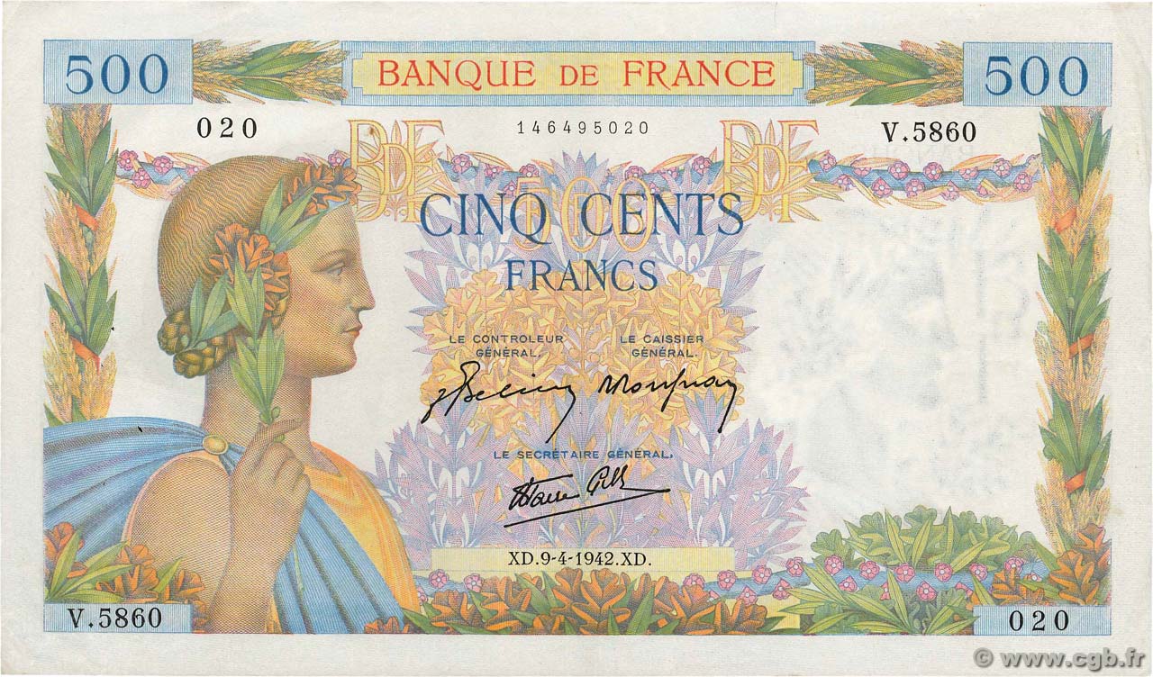 500 Francs LA PAIX FRANCE  1942 F.32.34 TTB