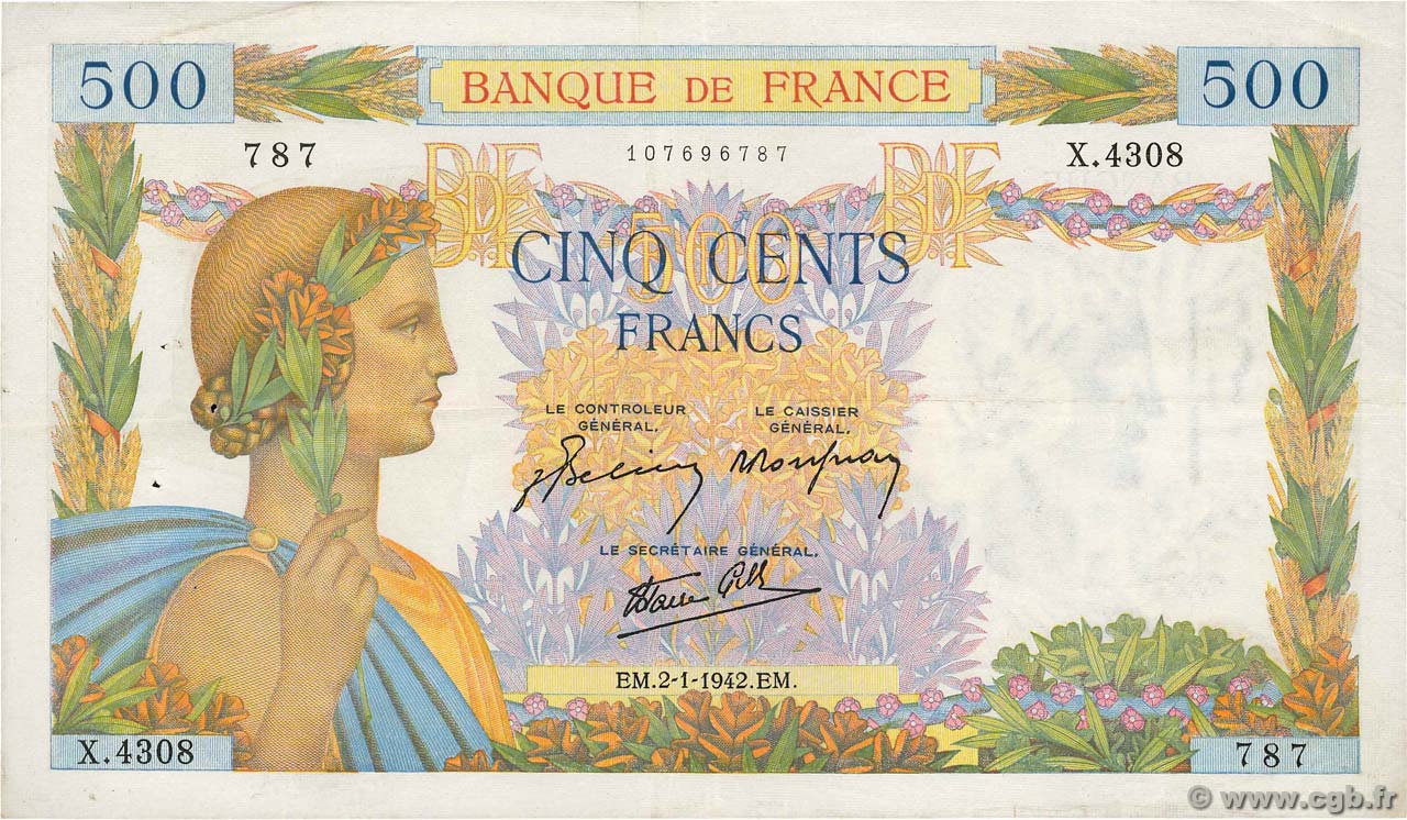 500 Francs LA PAIX FRANCE  1942 F.32.26 TTB