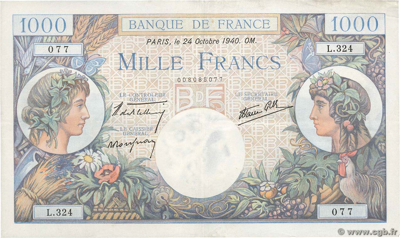 1000 Francs COMMERCE ET INDUSTRIE FRANCIA  1940 F.39.01 MBC+