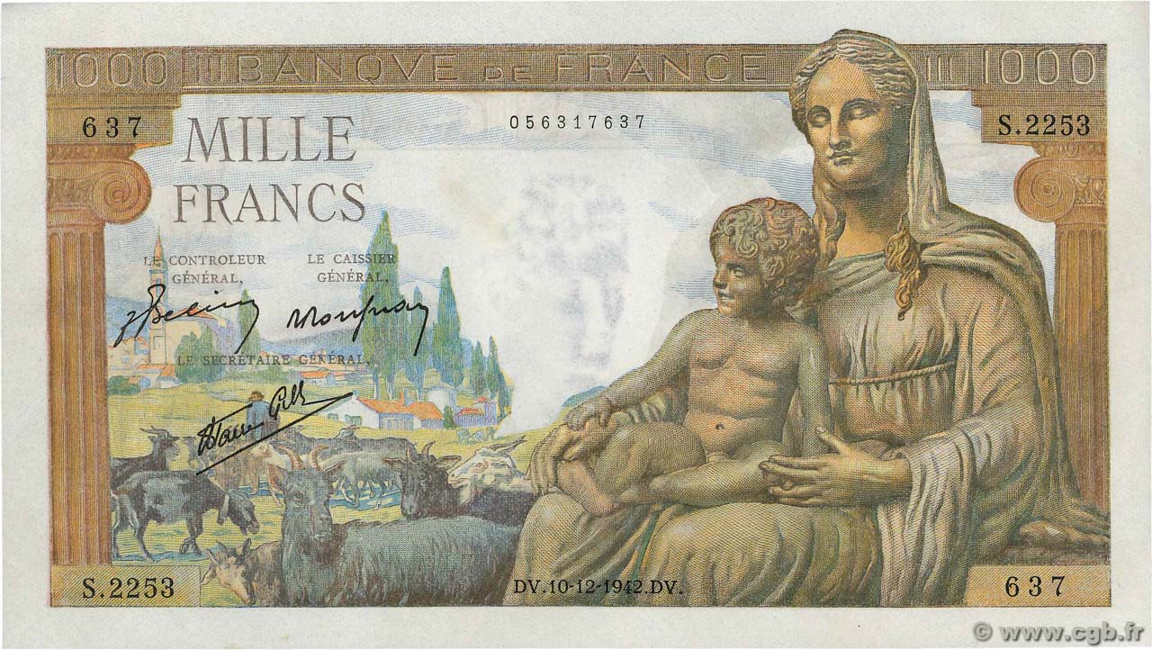 1000 Francs DÉESSE DÉMÉTER FRANCE  1942 F.40.13 AU+