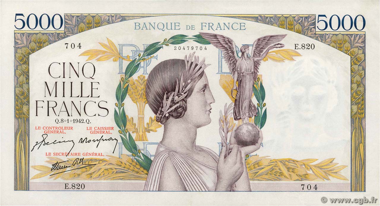 5000 Francs VICTOIRE Impression à plat FRANCE  1942 F.46.32 SUP+