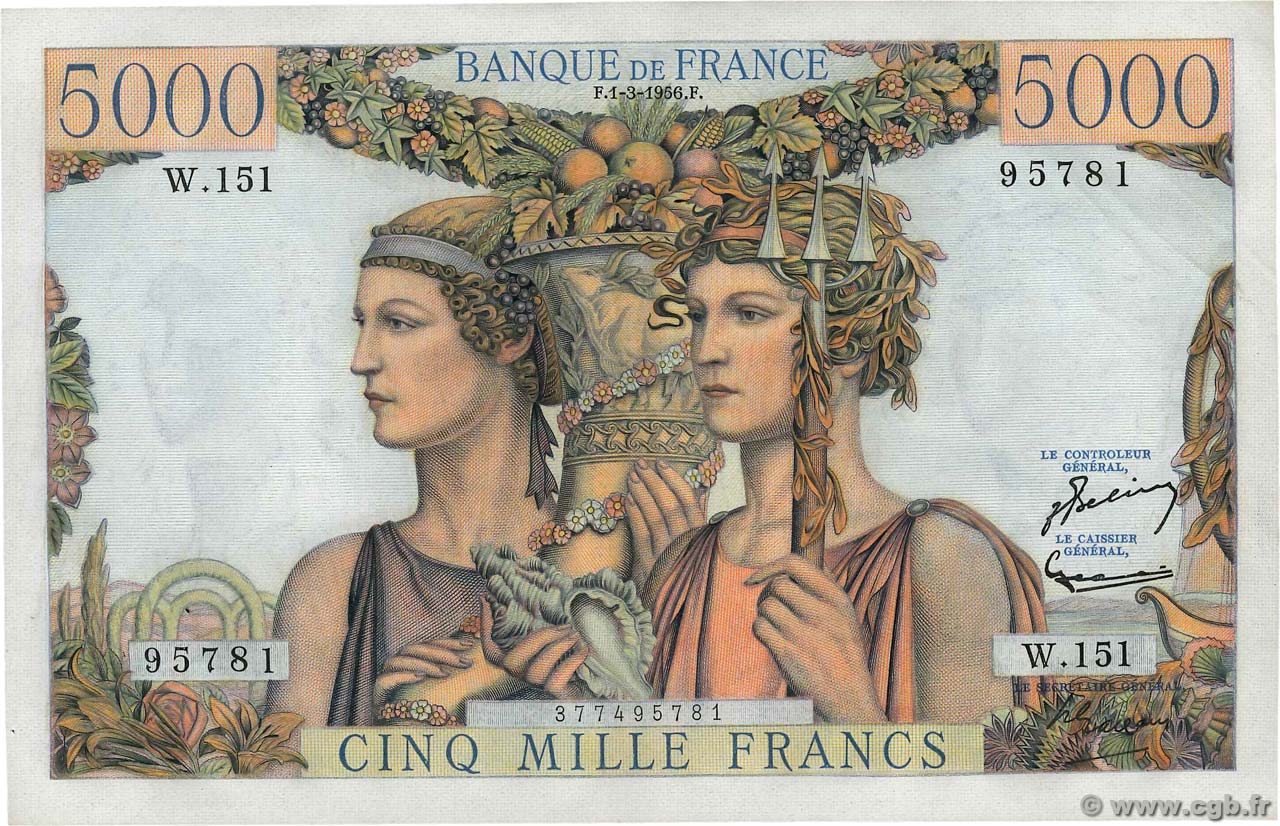 5000 Francs TERRE ET MER FRANCE  1956 F.48.11 XF+